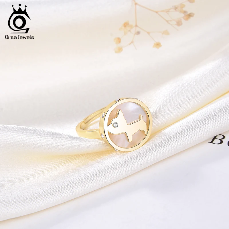 ORSA JEWELS Adjustable Ring 925 Sterling Silver Mother of Pearl Shell 14K Gold Plated Puppy Finger Band Pet Memorial Gift EQR13 | Украшения