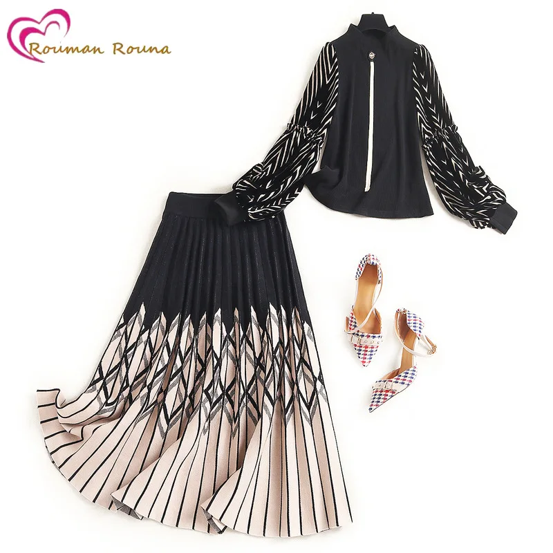 

Бархатный комплект с футболкой и юбкой, осень 2021, новый топ в полоску, плиссированная юбка, комплект из двух предметов