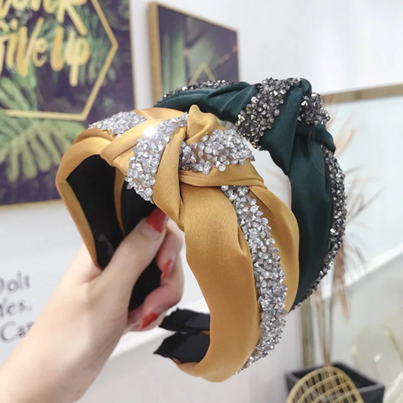 

Новинка, стразы, ободок для волос, Женская однотонная широкая боковая повязка на голову, средний узел, тюрбан, для девочек, Осень-зима, аксесс...