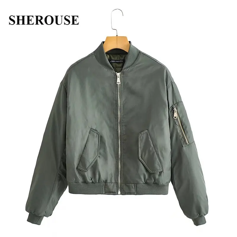 

Sherouse Women Fashion Bomber Jacket Long Sleeves Front Pocket Casual Vintage Woman Basic Army Green Coat Chic Outfit Winter