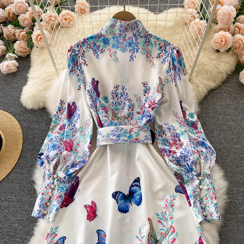 

2021 New Fall Palace Style Women's Shirt Collar Slimming Ankle-length Dress Ladies Fashion Vintage A-line Lantern Sleeve Dress