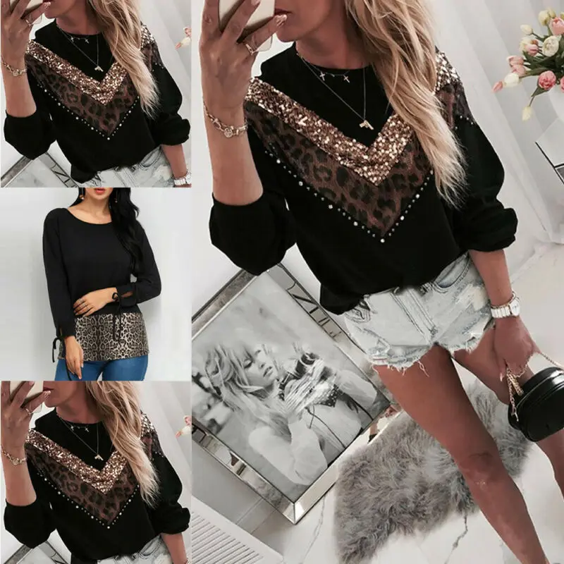 Женская футболка с блестками и леопардовым принтом длинным рукавом круглым