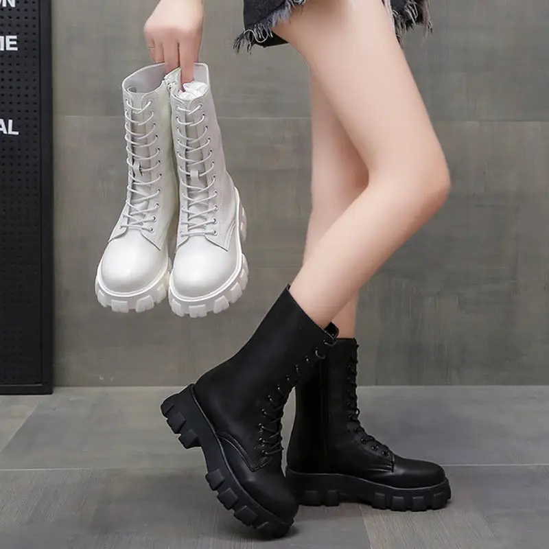

Winter shoes ladies 2022 fashion solid color lace up platform boots female non slip waterproof pu comfortable zipper ankle boots