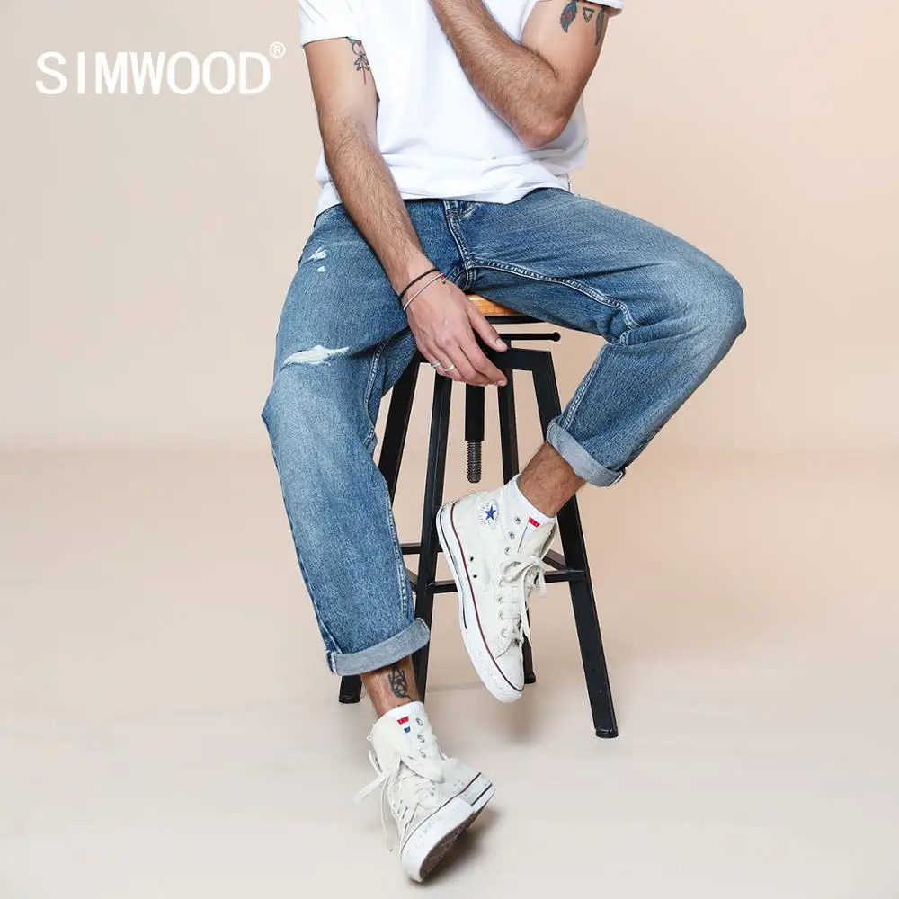 SIMWOOD 2020 Весна Лето Новые джинсы мужские свободные по щиколотку рваные модные