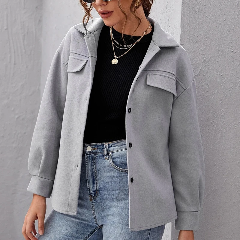 

Женская однобортная куртка в стиле ретро, однотонная Свободная куртка из смесовой шерсти с длинным рукавом, верхняя одежда, осень-зима 2021