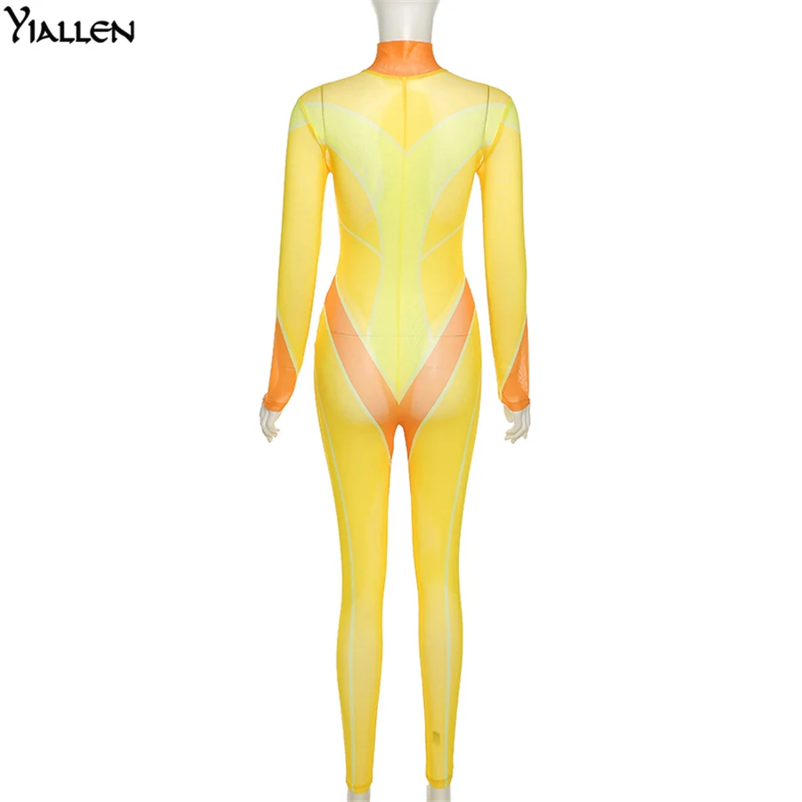 

Yiallen Sexy Skinny Fitness Zipper Jumpsuits Women Full Sleeve Casual Elastic Tracksuit Mesh Activewear Bodycon Long Rompers Hot