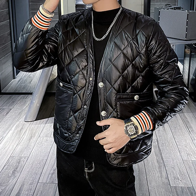 Winter Warm Collarless Thickened Parkas for Men's Korean Short Slim Jackets Casual Streetwear Social Coat Overcoat Male Clothing