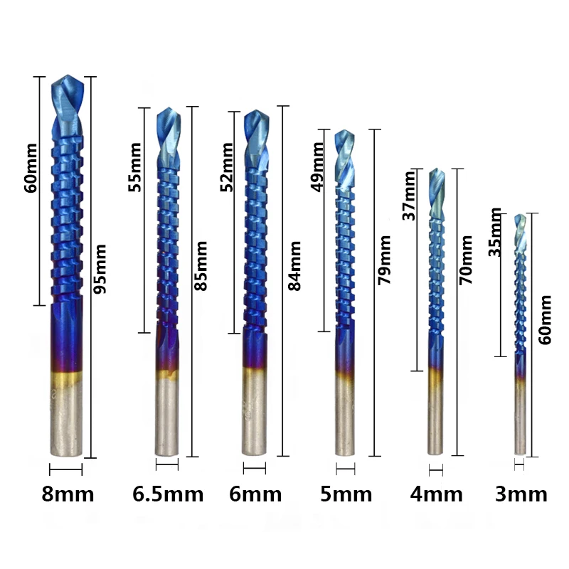 6pcs 3-8mm Blue 6 шт. HSS набор сверл и пилы 3 мм 4 мм 5 мм 6 мм 6,5 мм 8 мм титановые сверла по дереву кольцевые пазовые сверла пилы Деревообрабатывающие инструменты - Цвет: 6pcs 3-8mm Blue