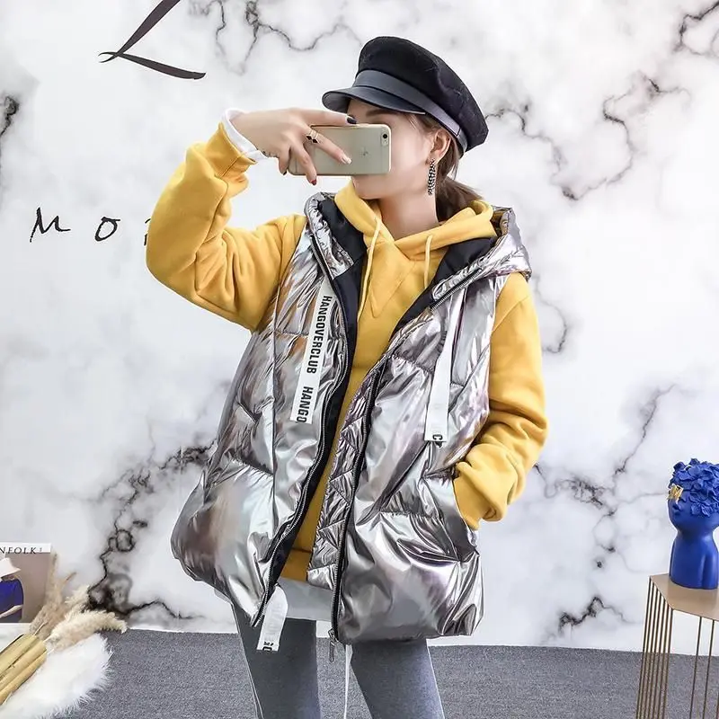 2020 Autumn Winter New Style Korean-style Thick Bright Surface Cotton Vest Student Loose Hooded Parka Gilet Coat | Женская одежда