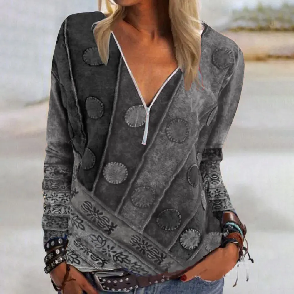 

Women's T-shirt Spring and Summer New Fashion Vintage Printed Zipper V-neck Long Sleeve T-shirt Casual Plus Size Soft Top