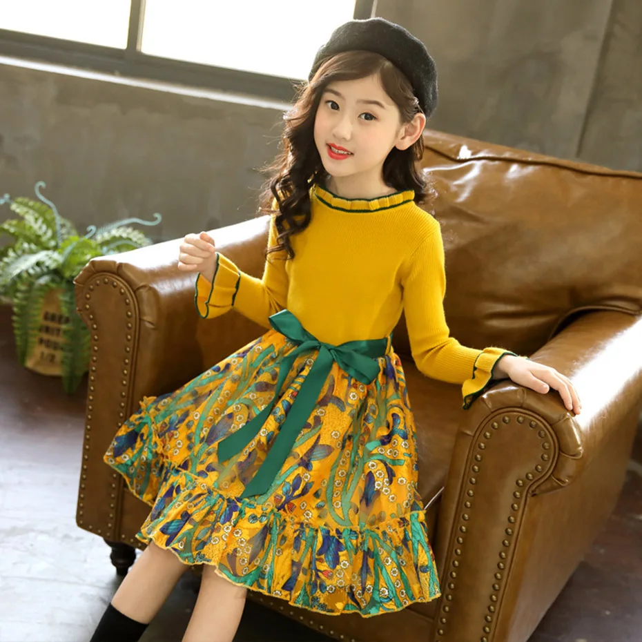 Girls Dress Floral Pattern Knitted Casual Patchwork Children Party Winter Kids Clothes 6 8 10 12 14 Year | Детская одежда и обувь