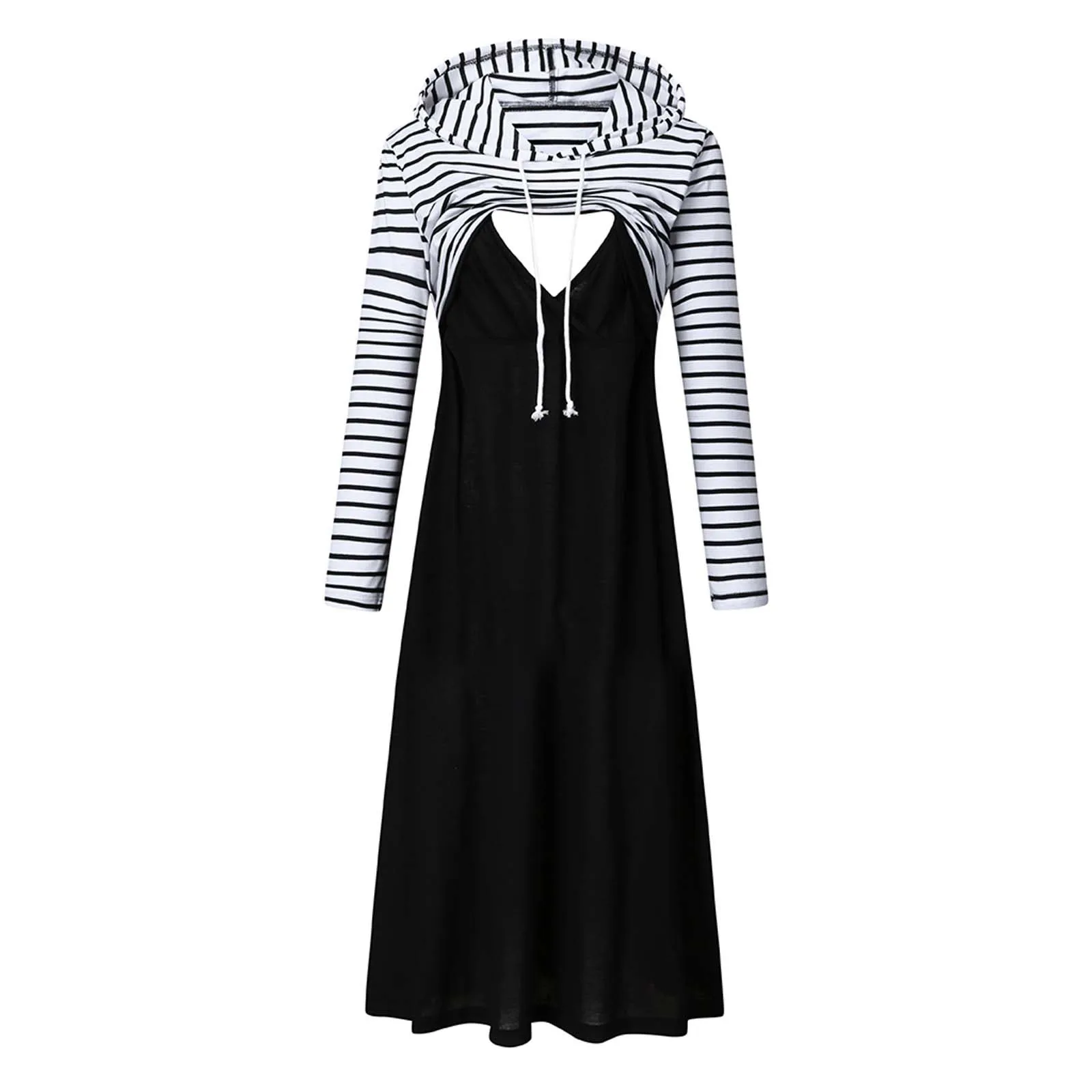 Платье для беременных женщин Полосатое платье с длинным рукавом капюшоном