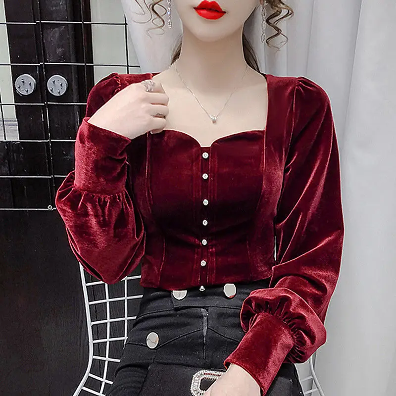 Velvet Lace Shirts Elegant Sweet Square Collar Women Velour Blouse Chic Exquisite Button Femme Blusas