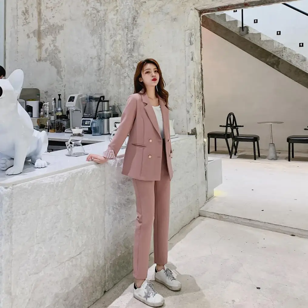 Новая мода весна лето женский офисный Женский Тонкий Блейзер брюки комплект из