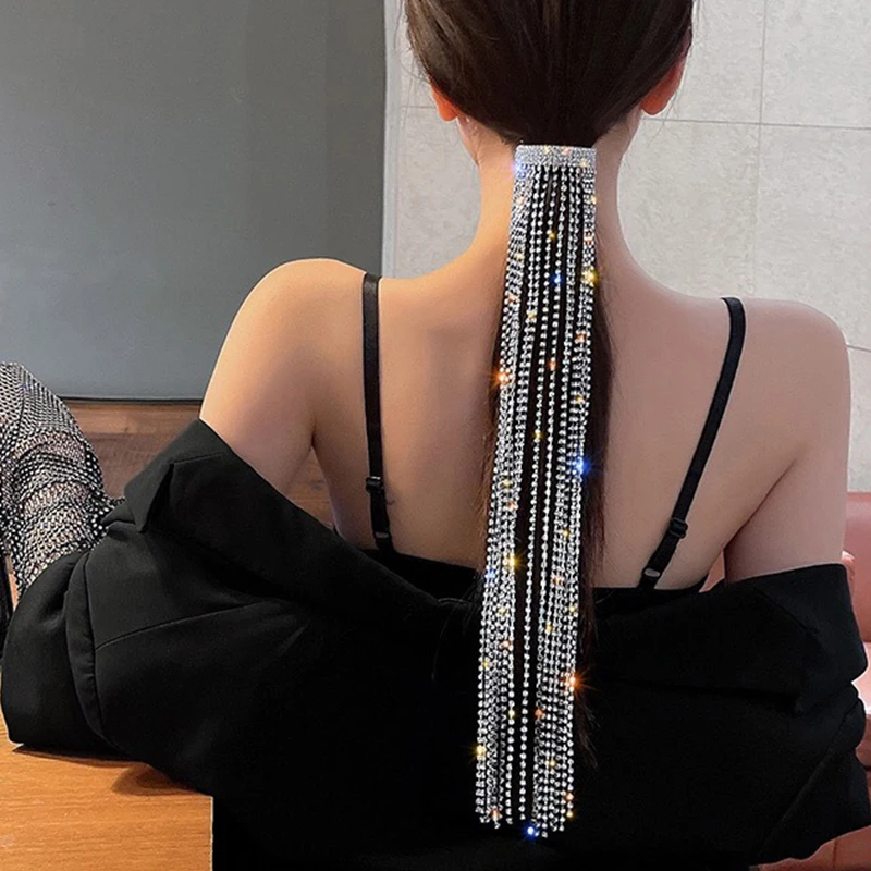 

Fashion Shine Full Rhinestone Hairpins For Women Long Tassel Bijoux Crystal Ponytail Holder Clips Wedding Hair Accessories