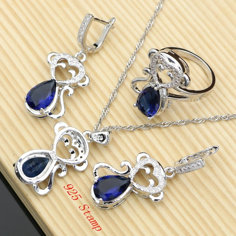 

Monkey 925 Silver Bridal Blue Sapphire Jewelry Sets for Women Bohemia Bracelet Set Earrings and Ring Animal Shaped Dropshipping