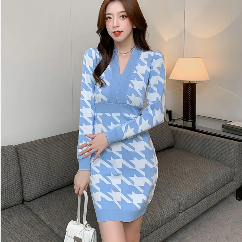 

Runway Korean Women Design Houndstooth Knitted V Neck Slim Sheath Dresses Autumn Winter Bodycon Sweater Dress Vestido