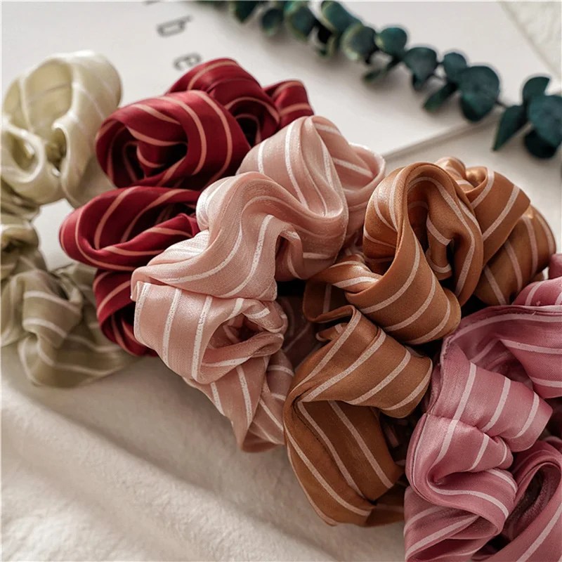 

New Korea Glossy Silky Satin Scrunchies Striped Elastic Rubber Hair Bands For Women Girls Twist Fabric Hair Ring Pure Color