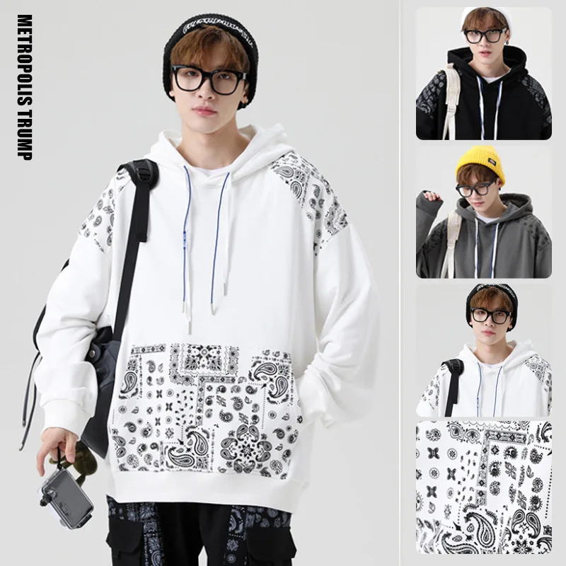 

Men's Casual Hoodie Paisley Printed Sweatshirts with Belly Pocket SS22 New Young Fashion Street Style Pullover Male Hoody