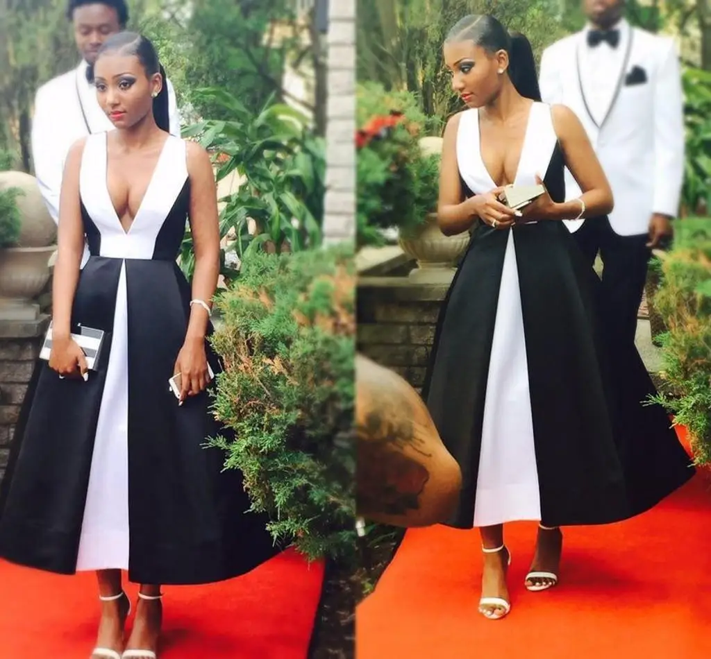 African Sexy Deep V Neck Black White Prom Dresses A Line Tea Length Evening Gowns Backless Party robe soirée femme فساتين السهرة