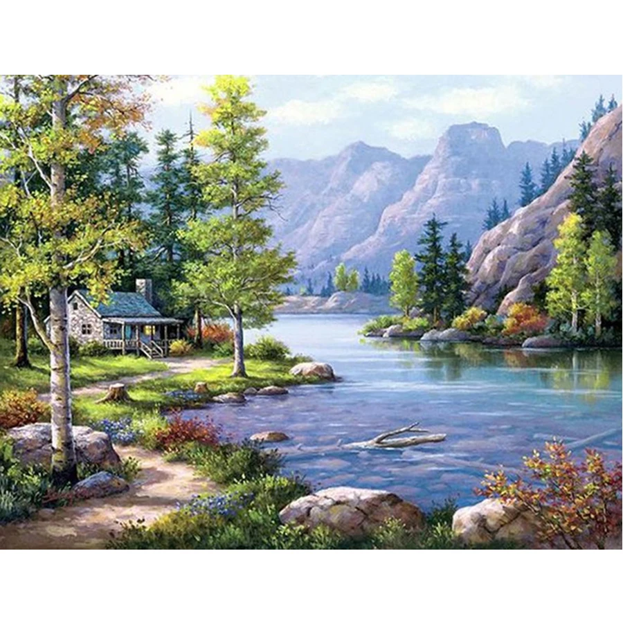 

5D Diy Diamond Painting Natural scenery river house Full Square Drill Diamond Embroidery Cross Stitch Mosaic home decor