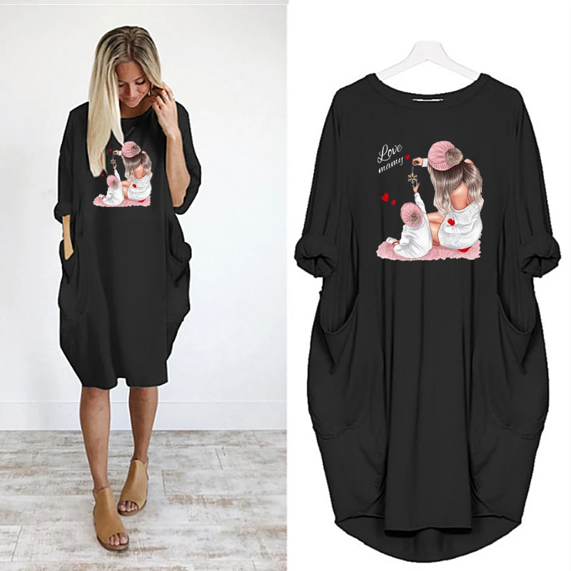 

Midi Dress Daily Dress Cute Print Long Sleeves Loose Women Dress O Neck Summer Autumn Dresses Women 2022 Elegant Casual Clothes