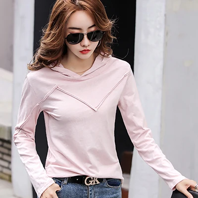 pink t shirt Shintimes футболка с капюшоном Женская Геометрическая футболка с длинным рукавом Женская одежда Женская Корея осень хлопок Повседневная футболка Femme - Цвет: pink t shirt