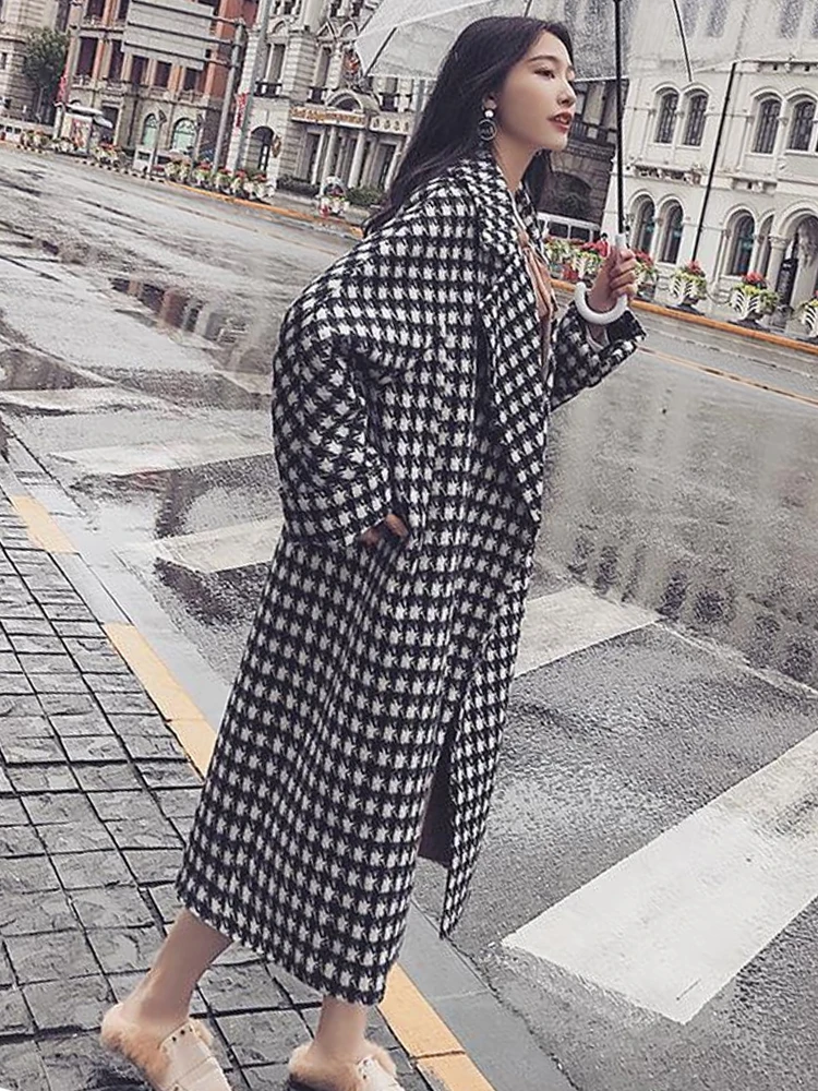 Новое осенне-зимнее элегантное шерстяное пальто с рисунком гусиные лапки