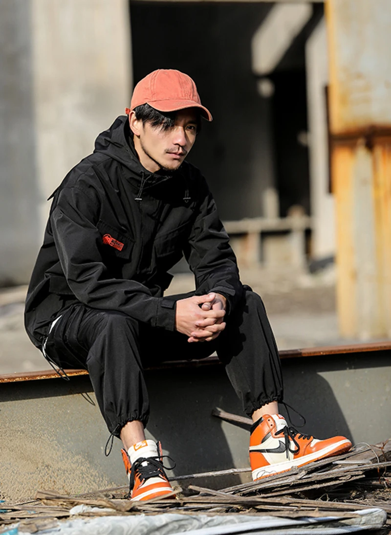 

RHYMONSTER Multi-Pockets Drawstring Design Hooded Jacket Letter Printing Coats Streetwear Mens Hip Hop Casual Full Zip Outwear