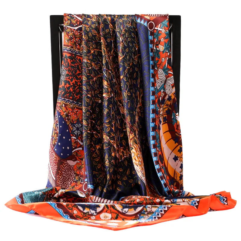 

2021 Korean Popular Print Bandanna Fashion 90X90CM Sunscreen Shawl Female Dustproof Square Kerchief Summer Luxury Silk Scarves