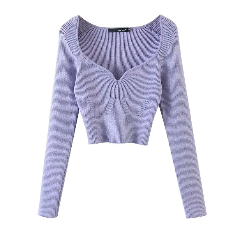 

2021 Autumn Winter Short Square Collar Thin Knitted Pullovers Sweater Loose V-Neck Long Sleeve Women New Fashion 13U090