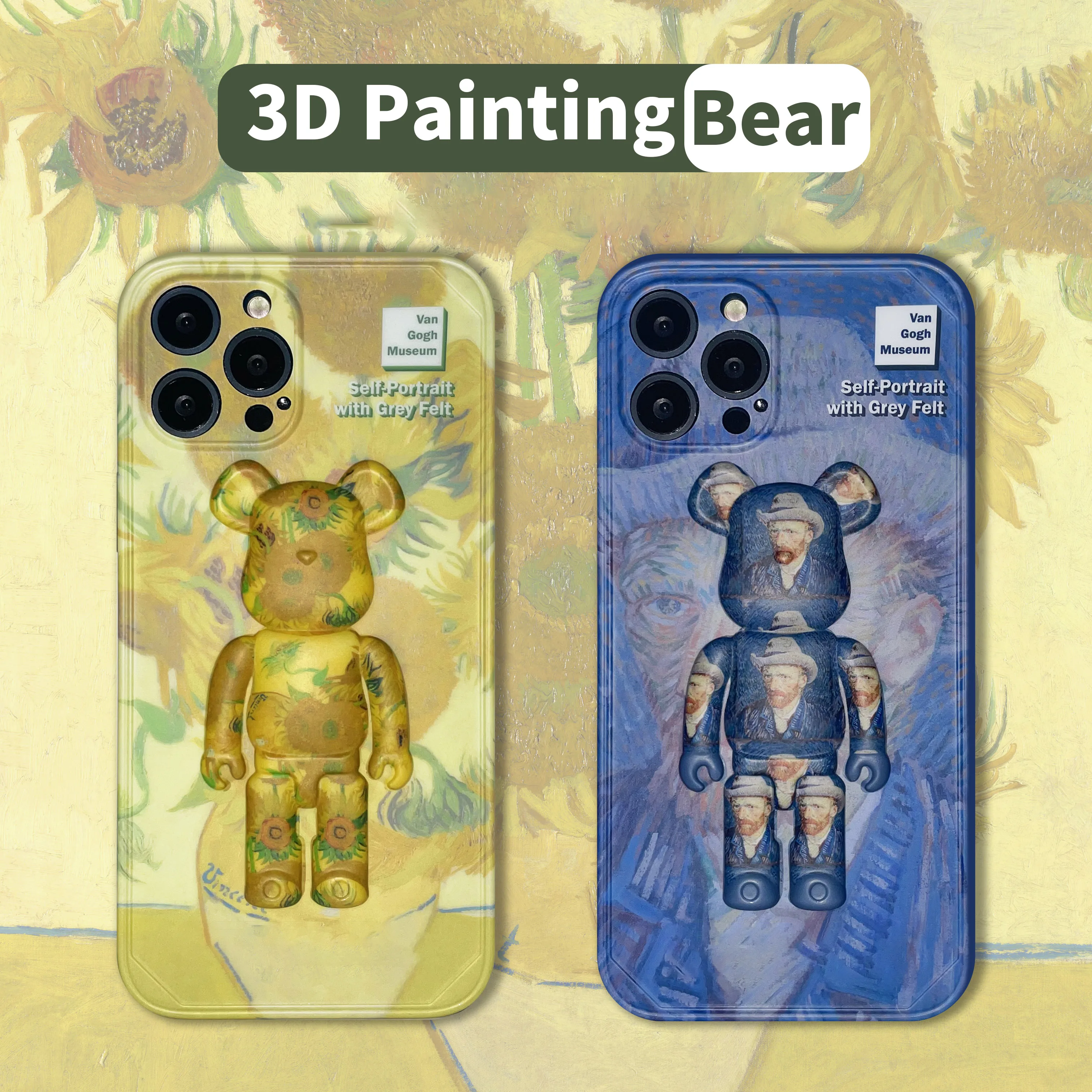 

3D Fashion Painting Bear Case For iPhone 11 12 Pro Max Mini 7 8 Plus XR X XS MAX Couple Trend Creative Minimalism INS Cover