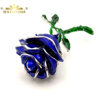 antique long stem green leaf multi layered petals blue rose bud brooches flower pins for mothers day anniversary gift jewelry