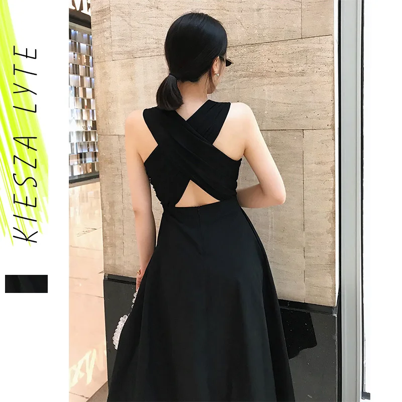 

Women Summer Sexy Dress Elegant Hepburn Style Black Sleeveless Back Cross Midi A Line Party Dresses 2021New Fashion Vestidos