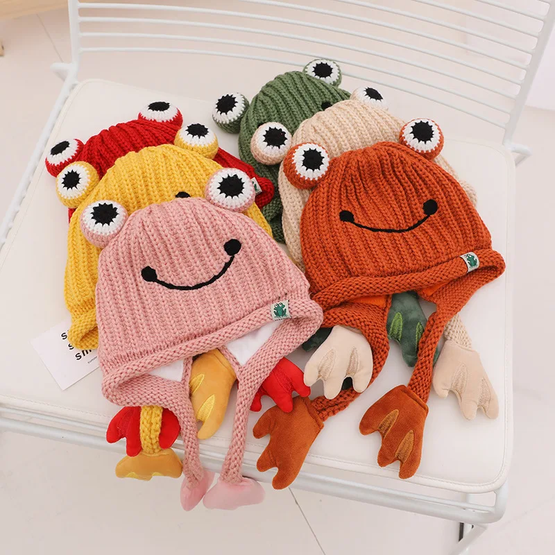 Мультяшная зимняя детская лягушка вышитая шапочка флисовая плотная шапка