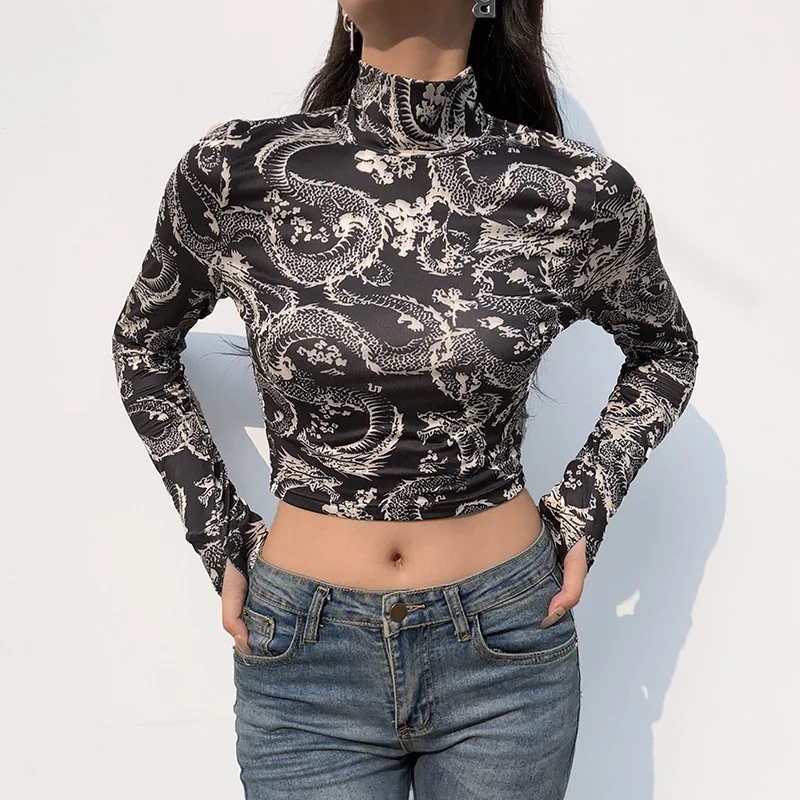 Фото Женские футболки Y2k с принтом дракона женская одежда 2021 водолазка в стиле Инди