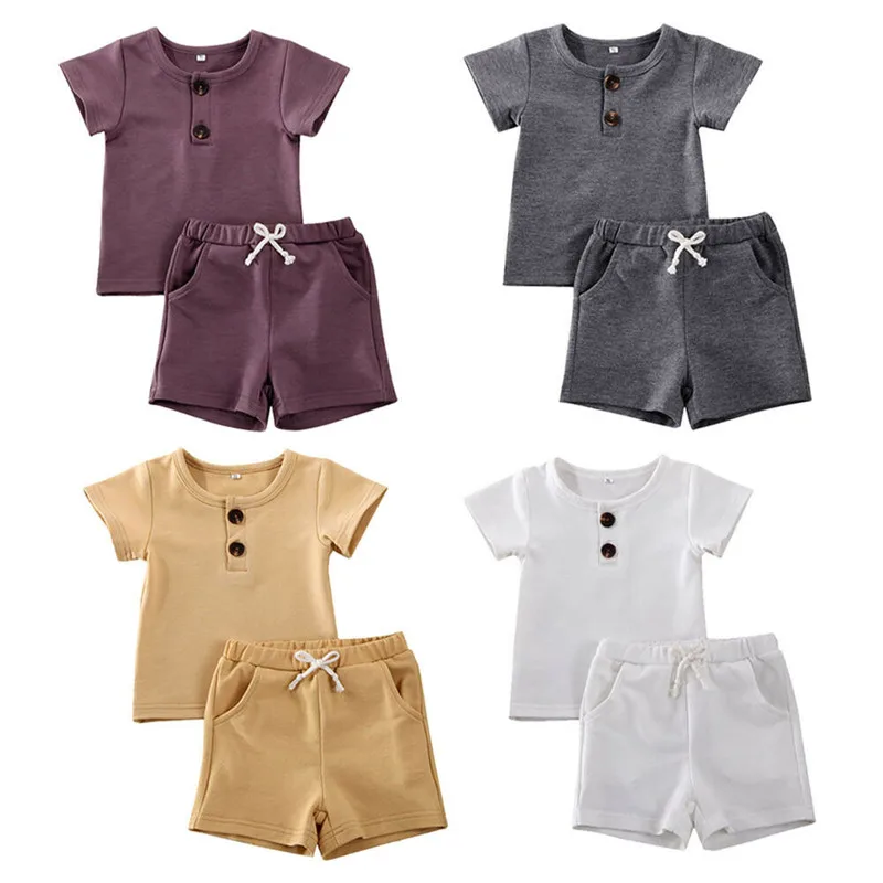 2020 Newborn Kid Baby Girl Boy Summer Clothes Set Short Sleeve Top T-shirt Shorts Pants 2Pcs Outfit Solid Color 0-24M | Детская одежда
