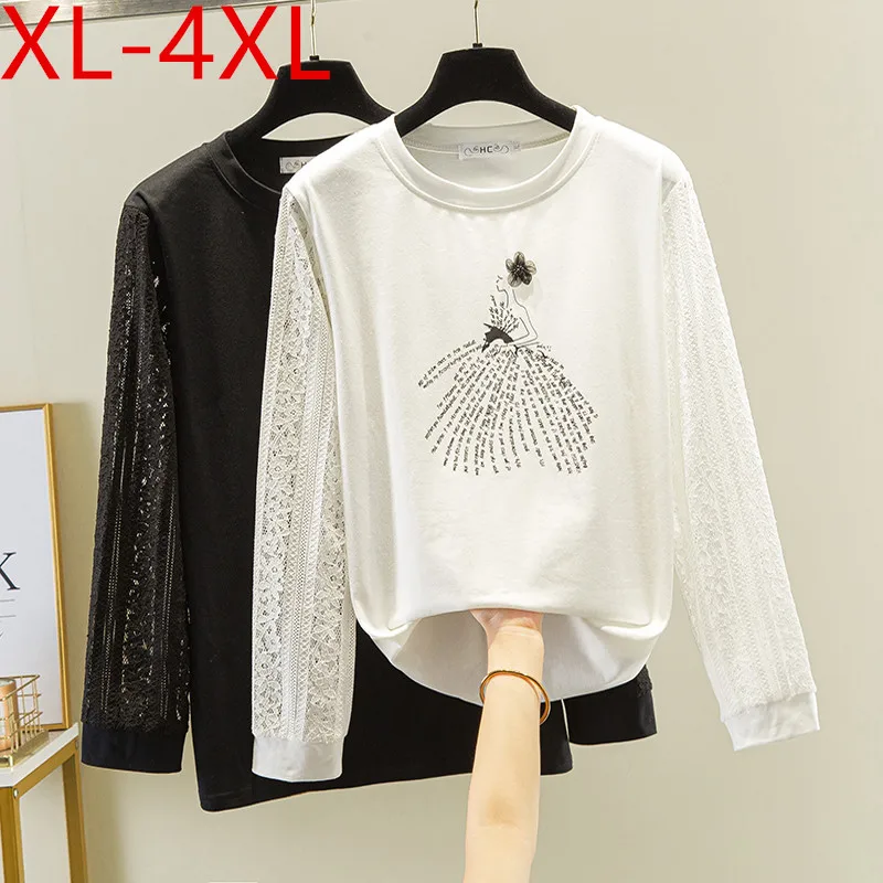 

XL-4XL Spring Autumn Plus Size Women O Neck Long Sleeve Hollow Out Lace Patchwork Cotton T-shirt Large Loose Casual Tops Tees