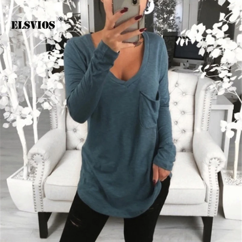 

Весенне-осенний пикантный Свободный Топ с V-образным вырезом и карманами, повседневные однотонные облегающие футболки с длинным рукавом, эл...