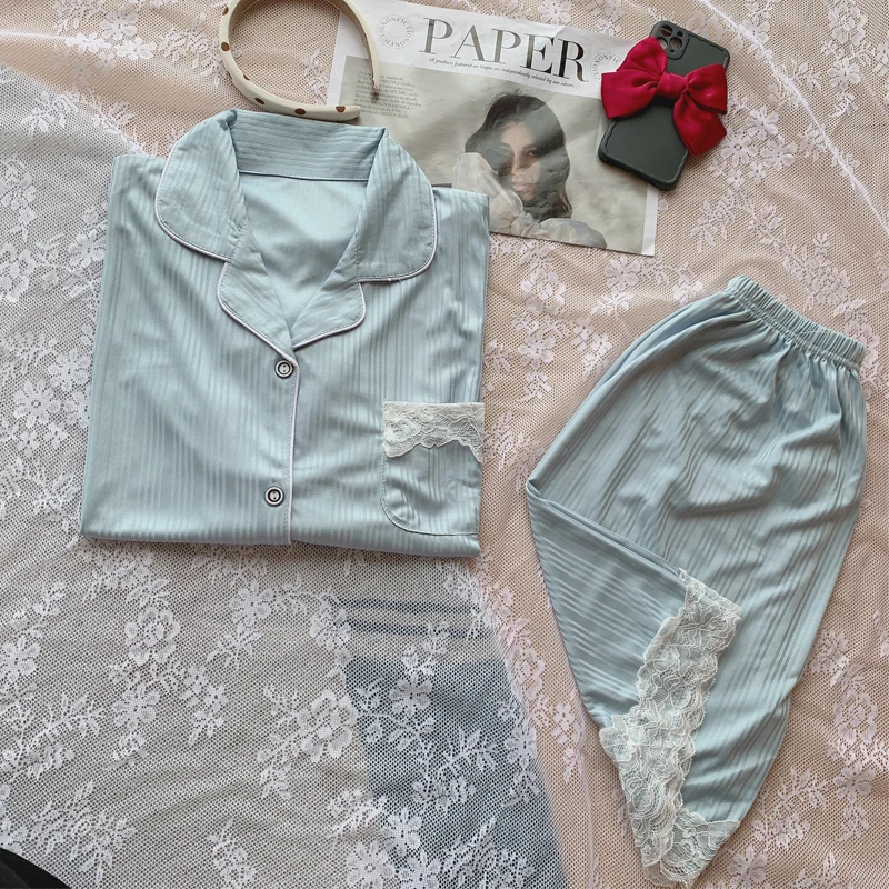 CAIYIER Cotton Pajamas Suit Summer Short Sleeve Sexy Lace Contracted Women Sleepwear Turn-down Collar Pure Cardigan Nightwear