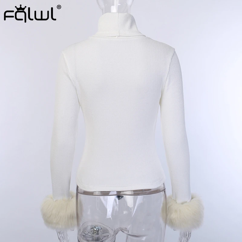 FQLWL Осень Зима Пушистый водолазка белый ребристый вязаный свитер женский джемпер