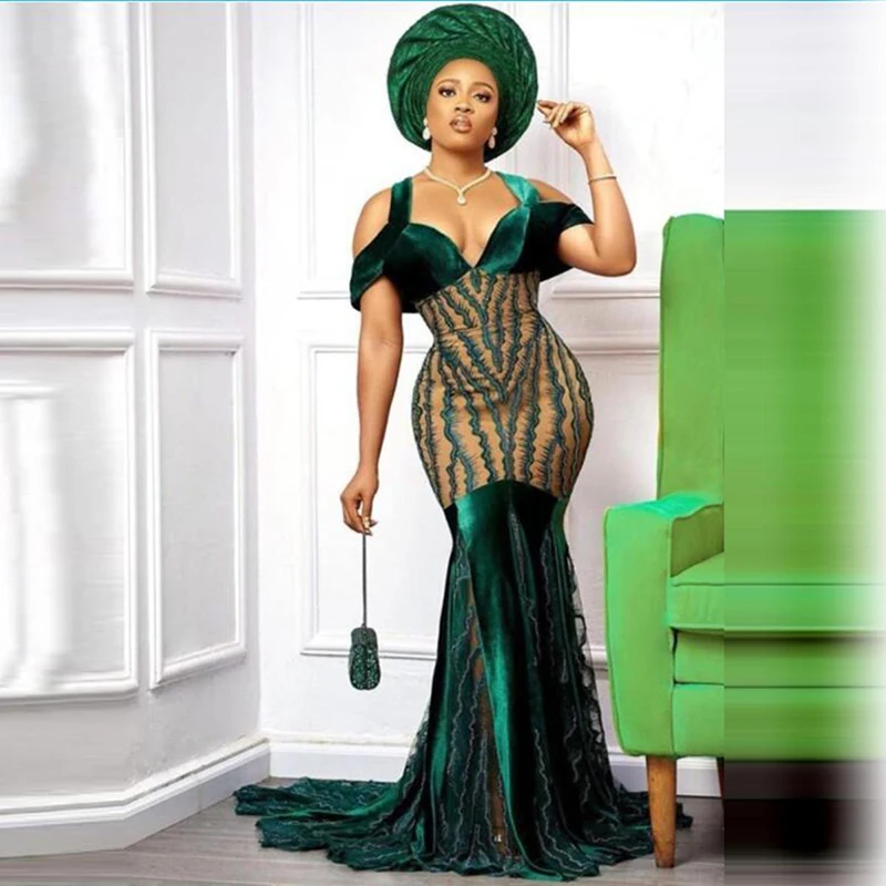 

Dark Green Lace Mermaid Prom Dresses Aso Ebi Style Off The Shoulder Plus Size Evening Gowns African Women Formal Party Dress