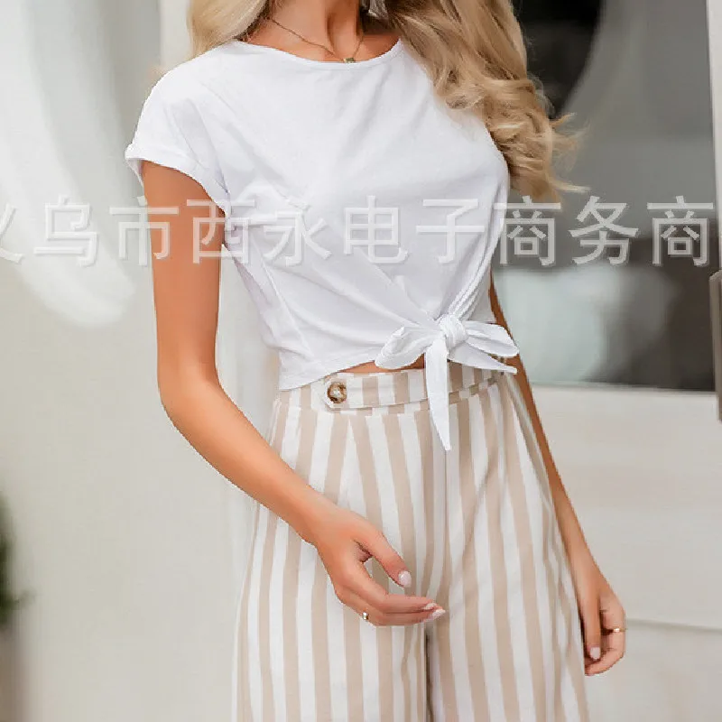 

New Arrival Women O-neck Clothes Summer Casual Fashion Lace Up Slim T-shirts for Ladies