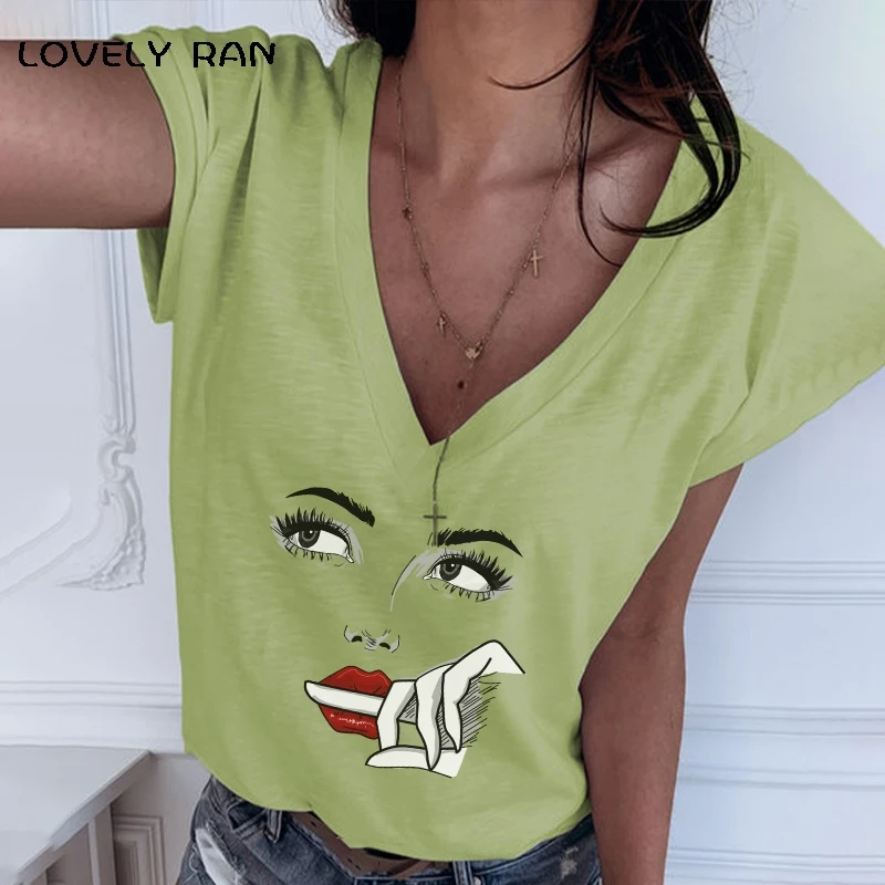 

Short Sleeve Casual Women's T-Shirts V-Neck Eyes Print Lazy Loose Soft Elastic Female Base Tshirt Homewear 2021 Summer Fashion