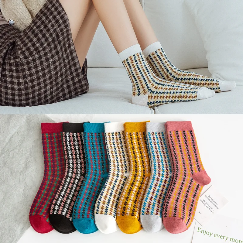 

5 Pairs/lot Corea New Women's Socks Japanese Classic Retro Houndstooth Cotton Socks Ladies Tube Socks Fashion Socks Lote