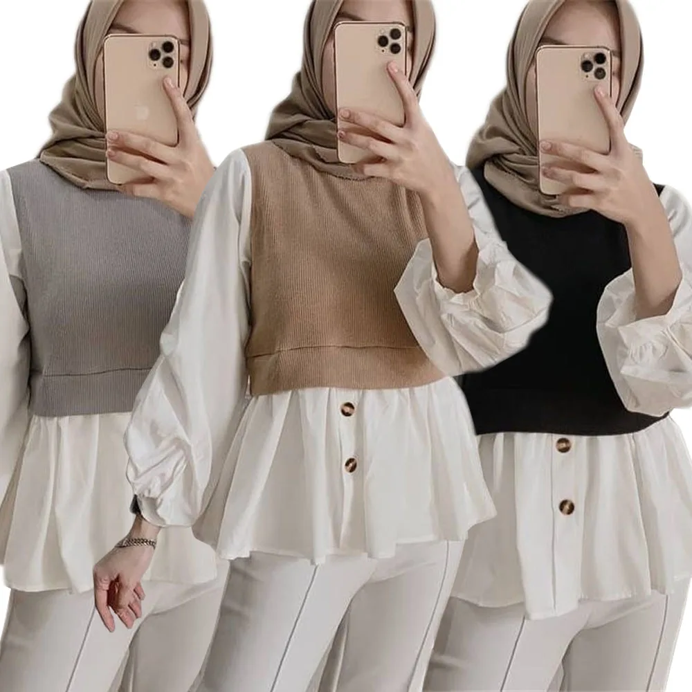 

Fashion New Muslim Women Tops Blouse Flare Sleeve Knitted Patchwork Shirts Turkey Dubai Abaya Islamic Clothing Arab Robe Kaftan