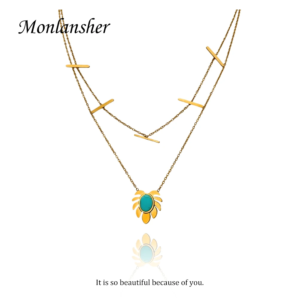 

Monlansher Palm Leaf Natural Stone Pendant Necklace Gold Color Titanium Steel Thin Chain Necklaces Trendy Necklaces Jewelry Gift