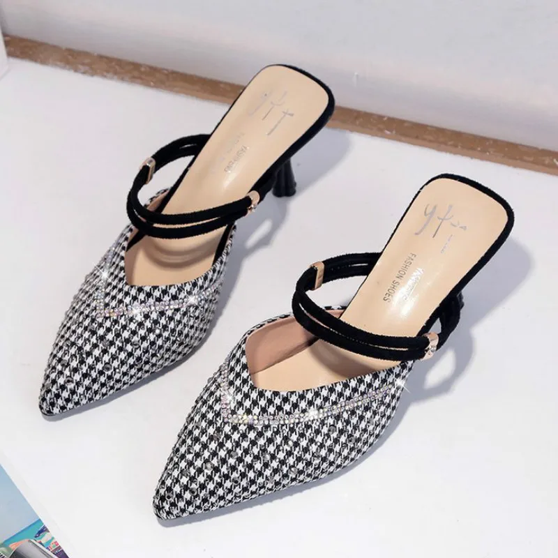 Fashion Summer The New Baotou Wear Two Outer Wear Half Slippers Party Shallow Thin Heels Slides Med (3cm-5cm) Sequins Breathable