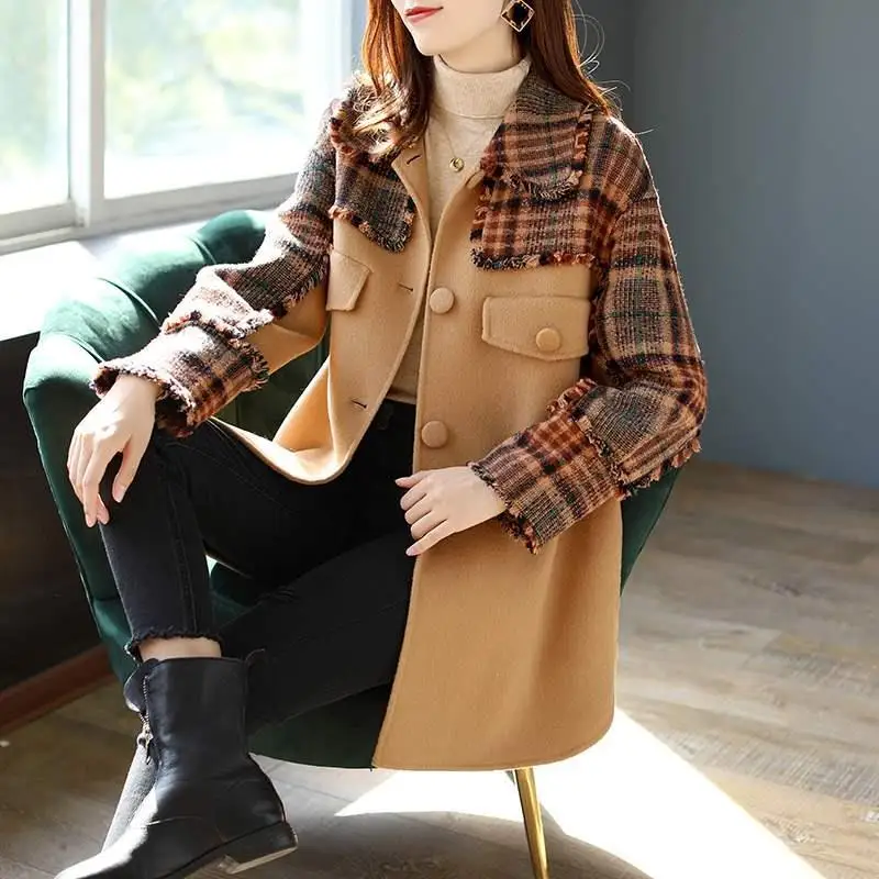 

Women Woolen Jacket2021 Spring Autumn New Mid-Length Fashion Plaid Woolen Coat Casual Thick Temperament Jacket Female Trend A196