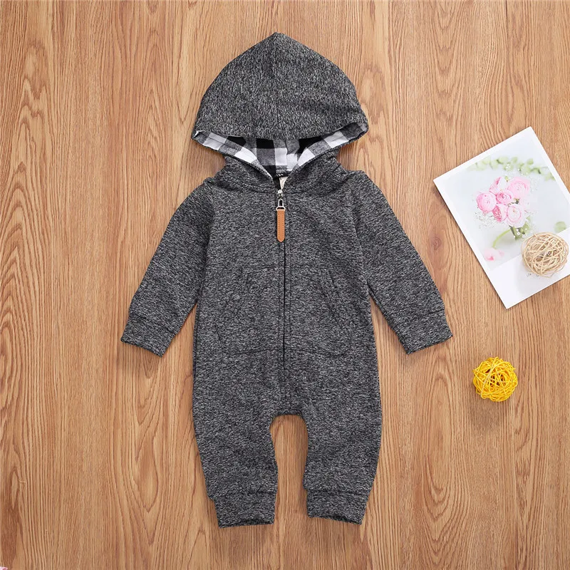 2020 Autumn Baby Boys Girls Hoodie Jumpsuit Zipper Long Sleeve Romper Outfit with Pocket 0-18M